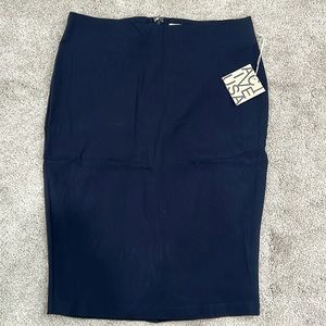 Brand new w/ tags. Navy blue pencil skirt with small slit and back size L.